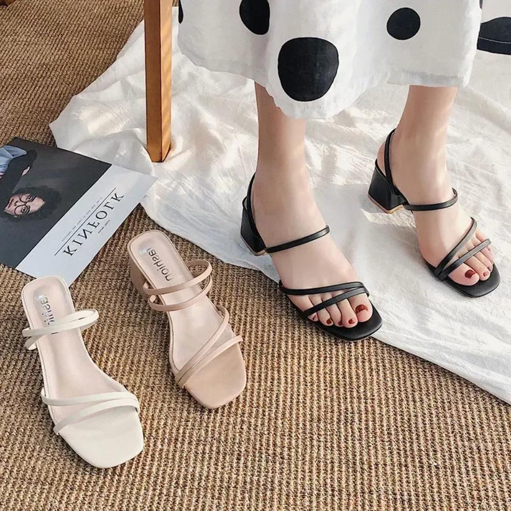 Womens Chic Chunky Heel Sandals - Square Toe Slip-Ons for Summer Style - Comfortable Casual Fashion Pumps