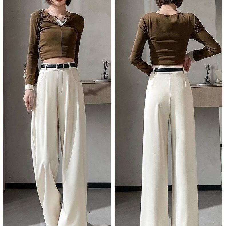 Women's High-Waist Slimming Ankle-Length Wide-Leg Suit Pants, Small, Apricot, Straight Leg, Spring Edition.