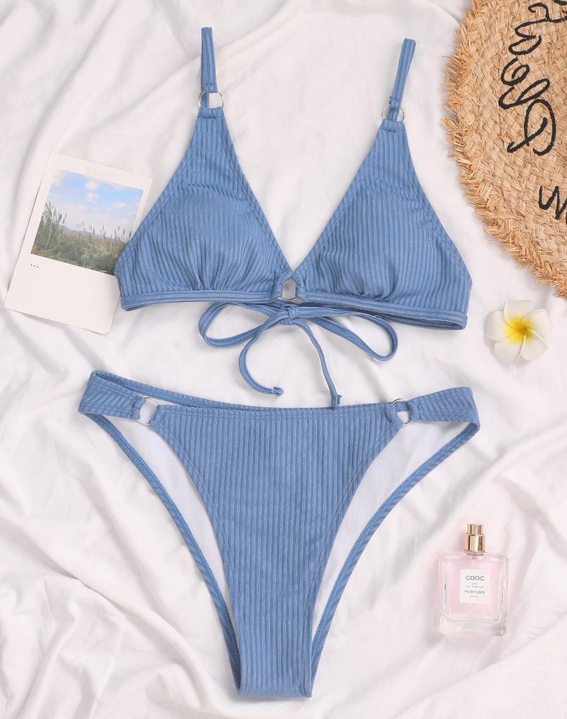 Women's Swimsuit Solid Color Pit Strip Triangle V Neck Sexy Back Tie Bikini Beachwear Bathing Suits