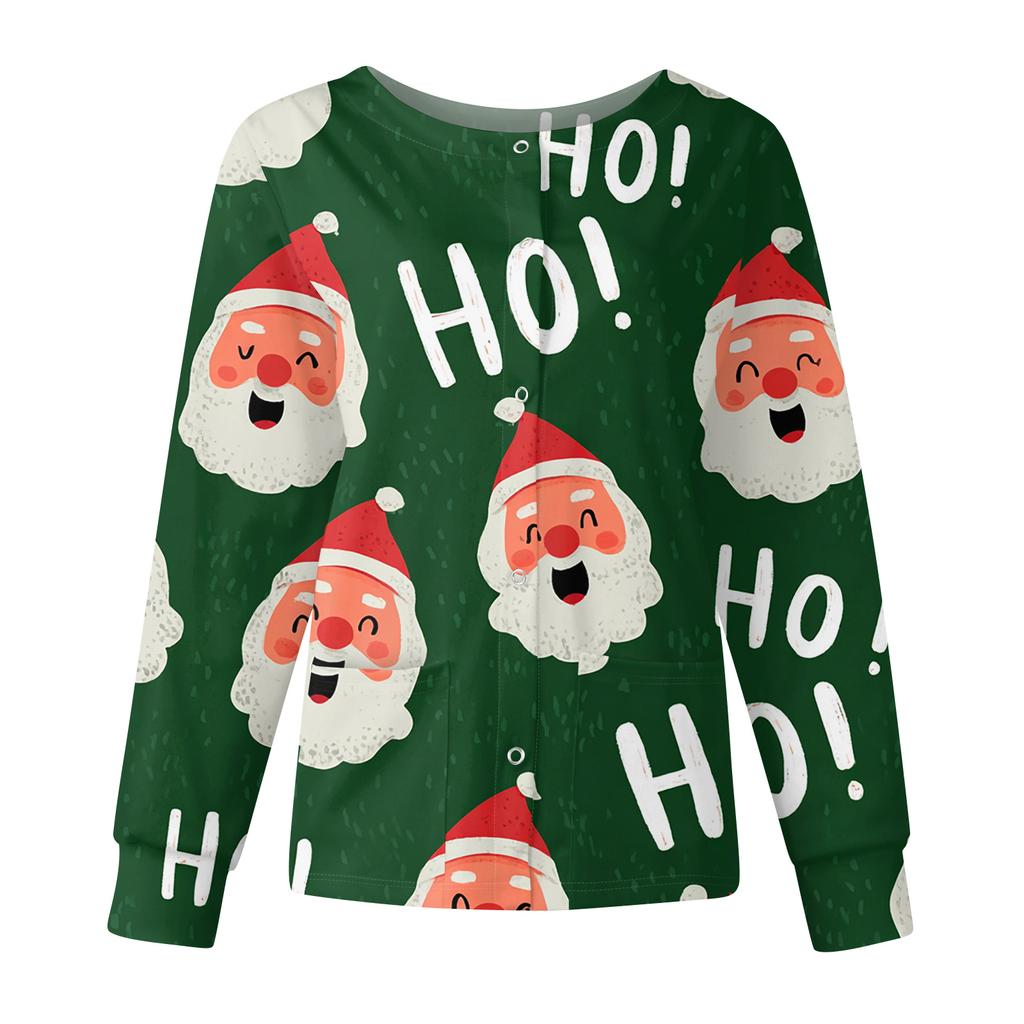 Women's Casual Fashion Long Sleeve Standing Collar Single Breasted Christmas Print Workwear Jacket Tops