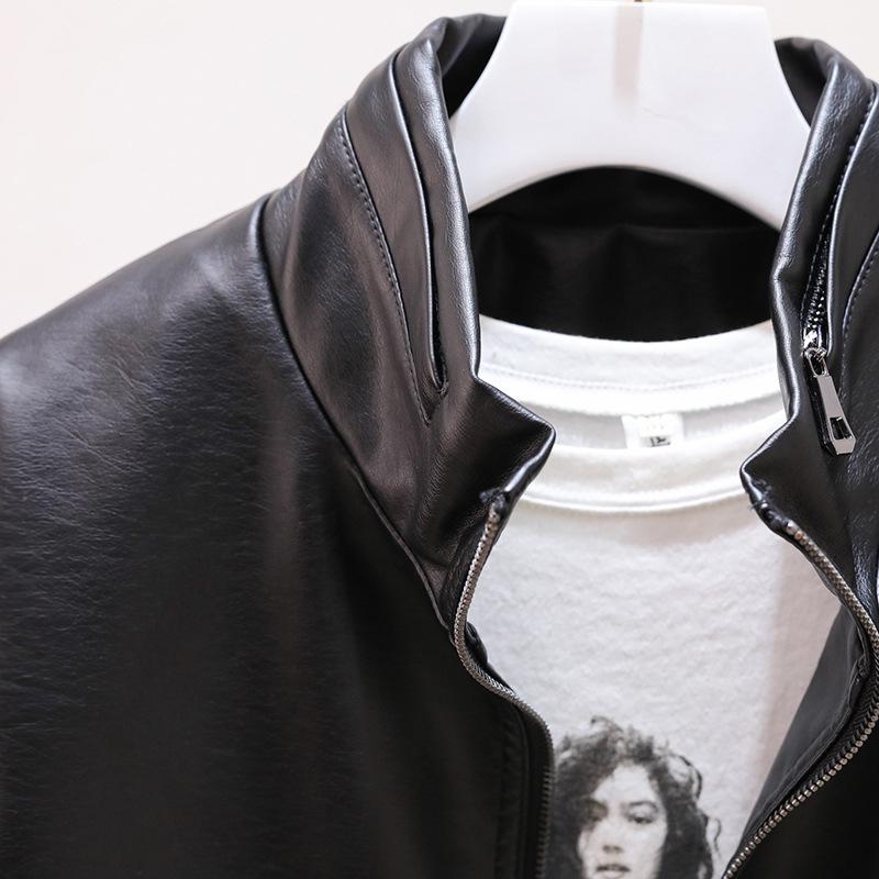 Černá kožená bunda dámská krátká podzimní a zimní nová volná slim motorkářská kožená bunda korejského stylu bunda zahraničního střihu