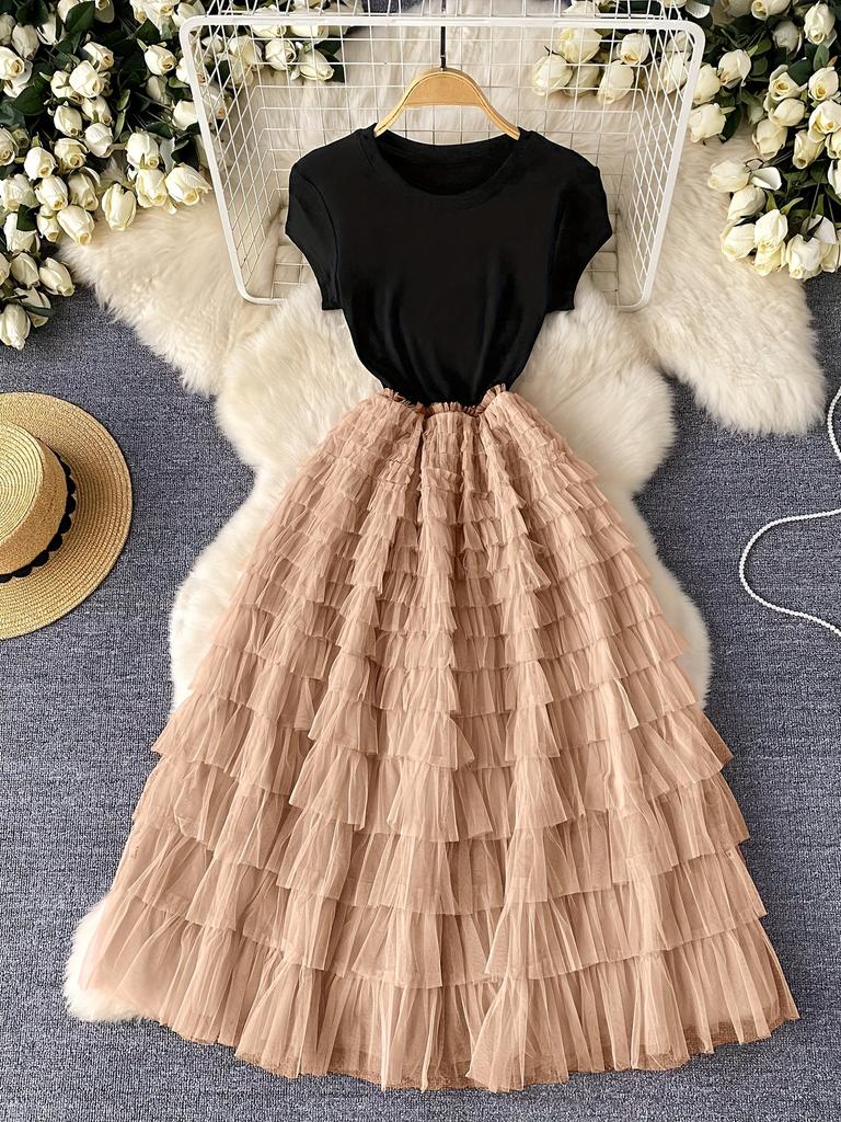 New dress spring and summer light luxury splicing mesh fairy long dress fake two pieces thin waist skirt