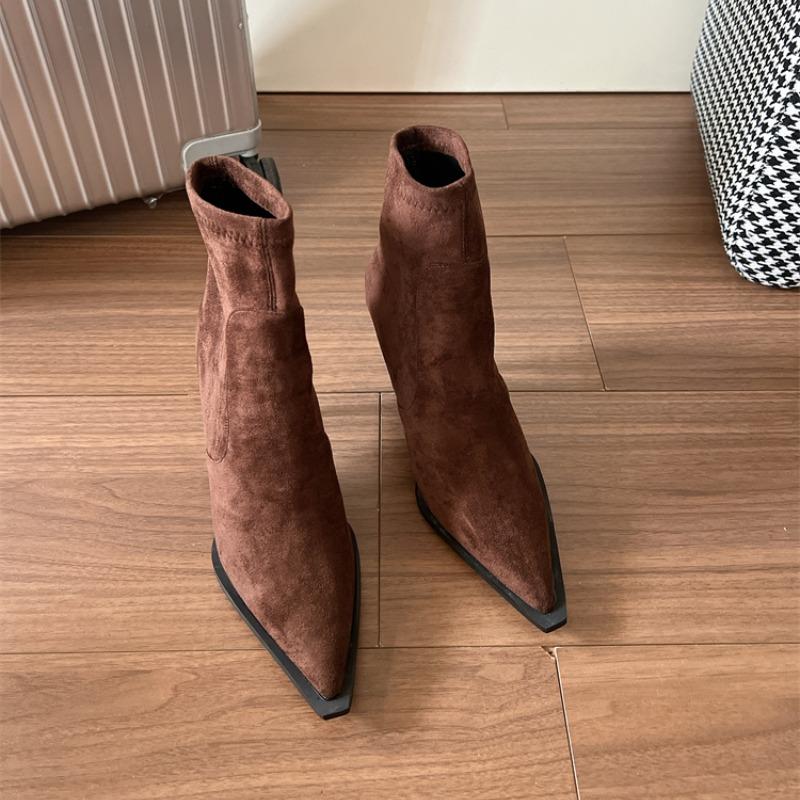 Mode Winter Damen Stretchstoff Stiefeletten Sexy Spitzschuh Kurze Stiefeletten Schuhe Mode Partys Hoher Absatz Socken