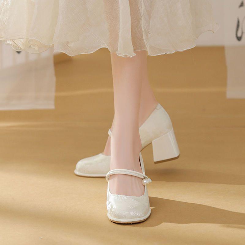 French evening wind thick heel single shoes women's skirt gentle one-word buckle belt shallow mouth single shoes women's spring and summer new models