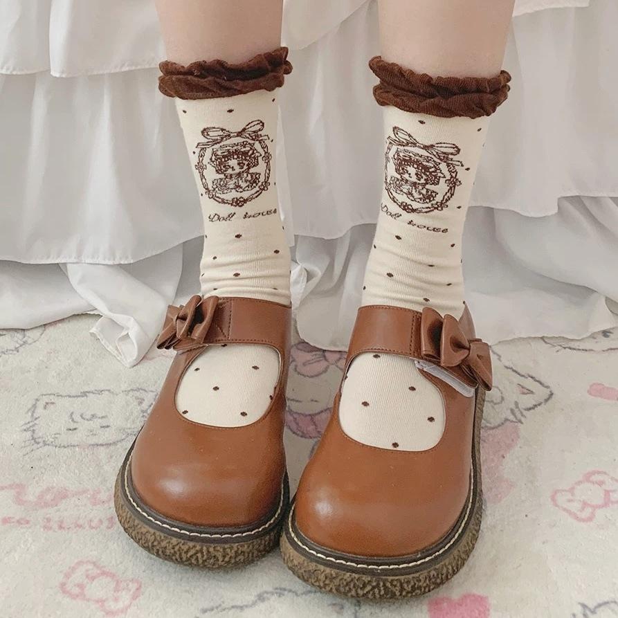 Bubble Mouth Line Doll Lolita Socks Women Vintage Polka Dot Slim Leg Socks Pure Cotton Mid-Leg Socks