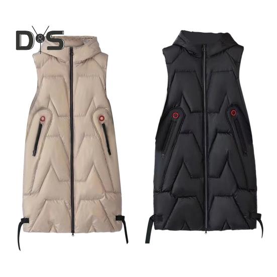 Women Winter Waistcoat Hooded Thick Sleeveless Glossy Surface Padded with Pockets Zipper Closure Mid Length Outdoor Coat