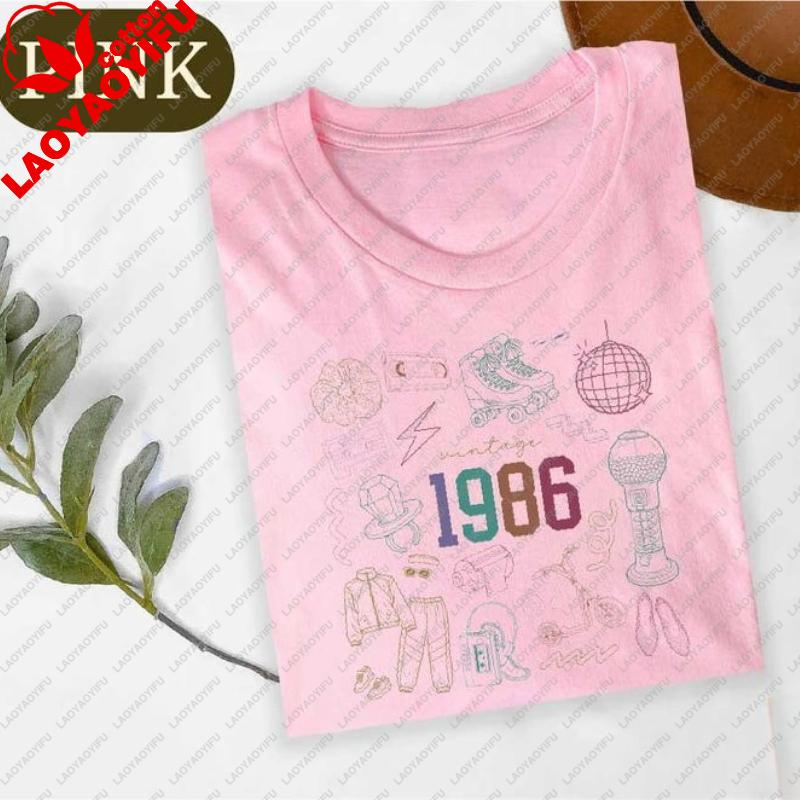 Vintage 1986 Shirt 40. Tee Geburtstag Kritzeln Geschenk 40 Jahre Alt Feier Bedrucktes T-Shirt Oberteile Ära Bday Party Freizeit Streetwear