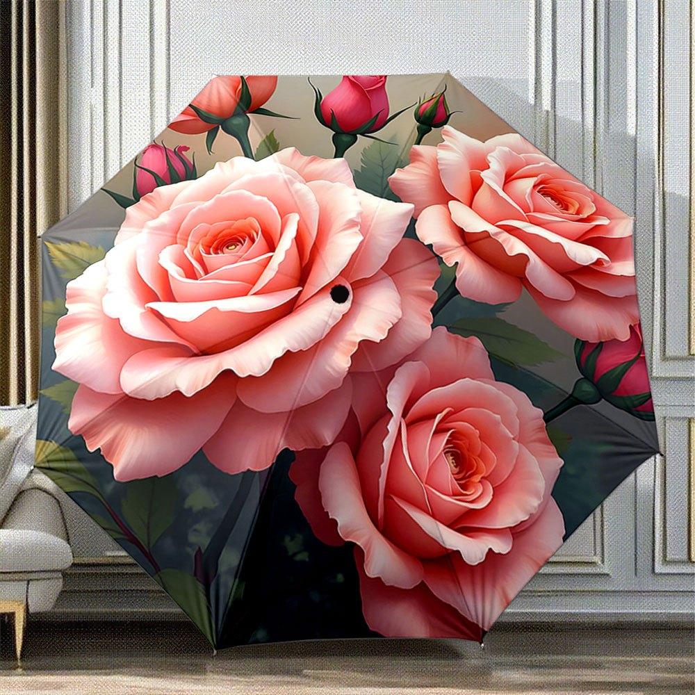 

Automatic Folding Umbrella with Large Pink Roses & Green Leaves - 8-Rib Compact Design, Automatic Open/Close, Portable Collaps (as the picture,Iron&8K)