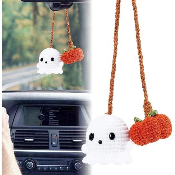 

Halloween Car Hanging Accessories, Handmade Crochet Cute Pumpkin Ghost Bat Car Pendant, Halloween Decoration for Car Rear View Mirror Interior (A) B