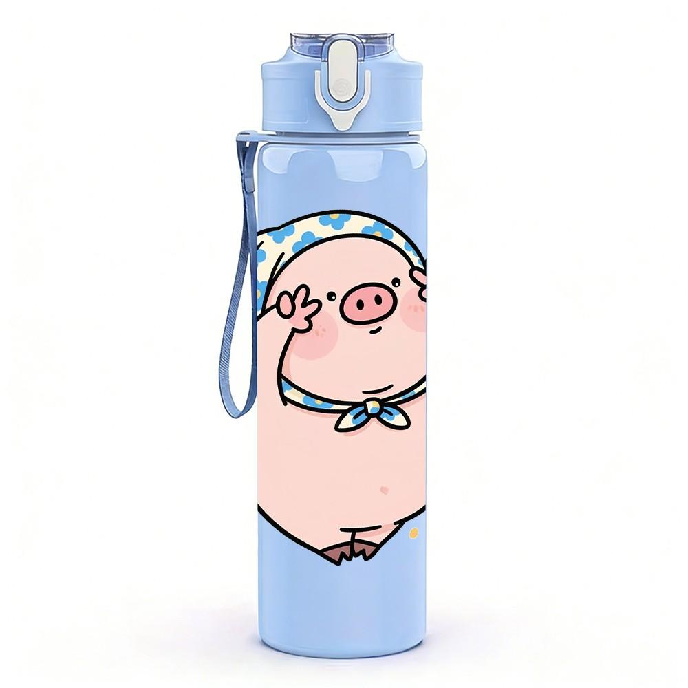 1PC Cute Pig With Blue Bow Print 750ml Color Plastic Sports Water Bottle Leakproof Flip Straw Lid Suitable for Sports Office Home Use