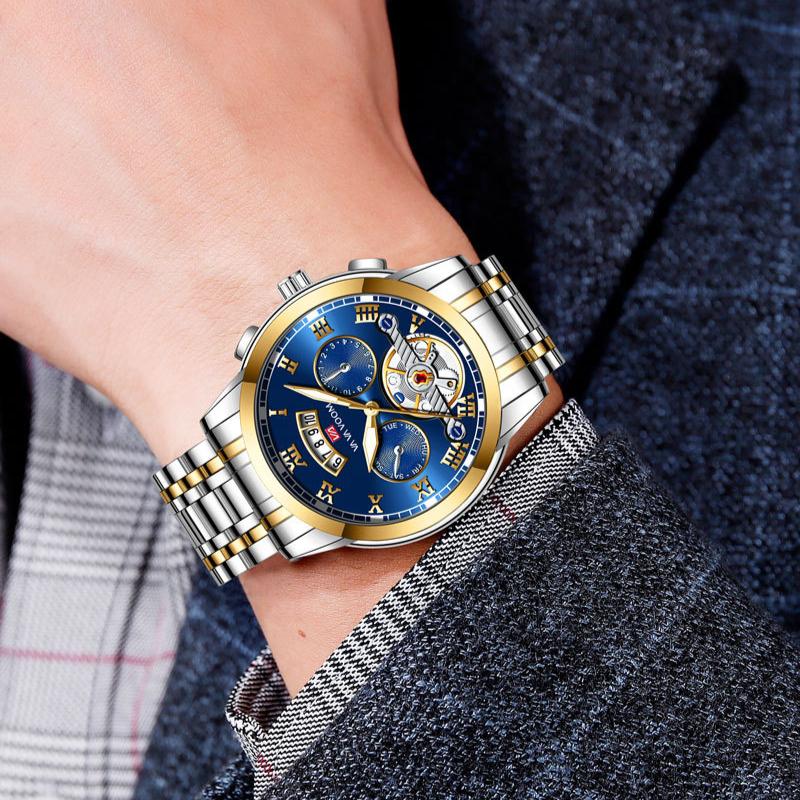 Men's Stainless Steel Tourbillon Watch Men's Student Quartz Watch Business Calendar Waterproof Steel Strap Watch Large Dial