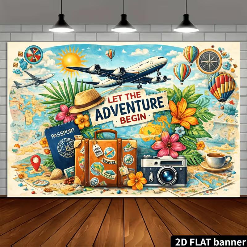 2D Retro Koffer Reisepass Kamera Abenteuer Party Fotografie Kulisse Dekoration