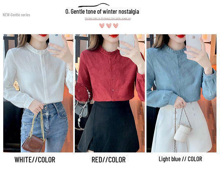 Spring & Autumn 2024 Women's Jacquard Cotton Shirt with Ruffled Collar - Fashionable & Versatile