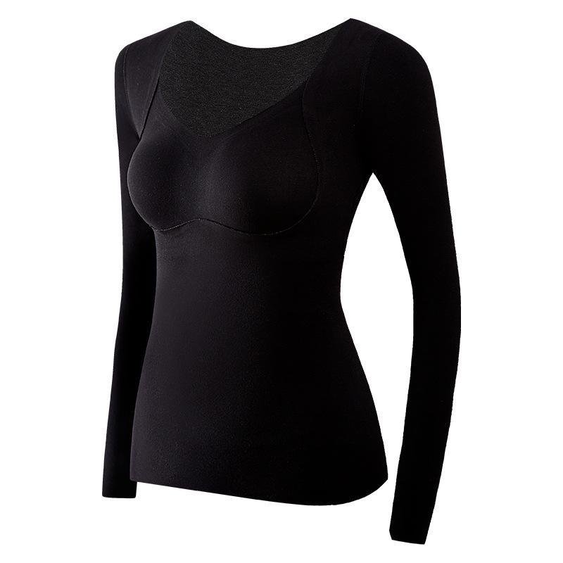 "8829 Plus Size Women's Wool Silk Velvet Thermal Underwear with Chest Pad - Long Sleeve Top"