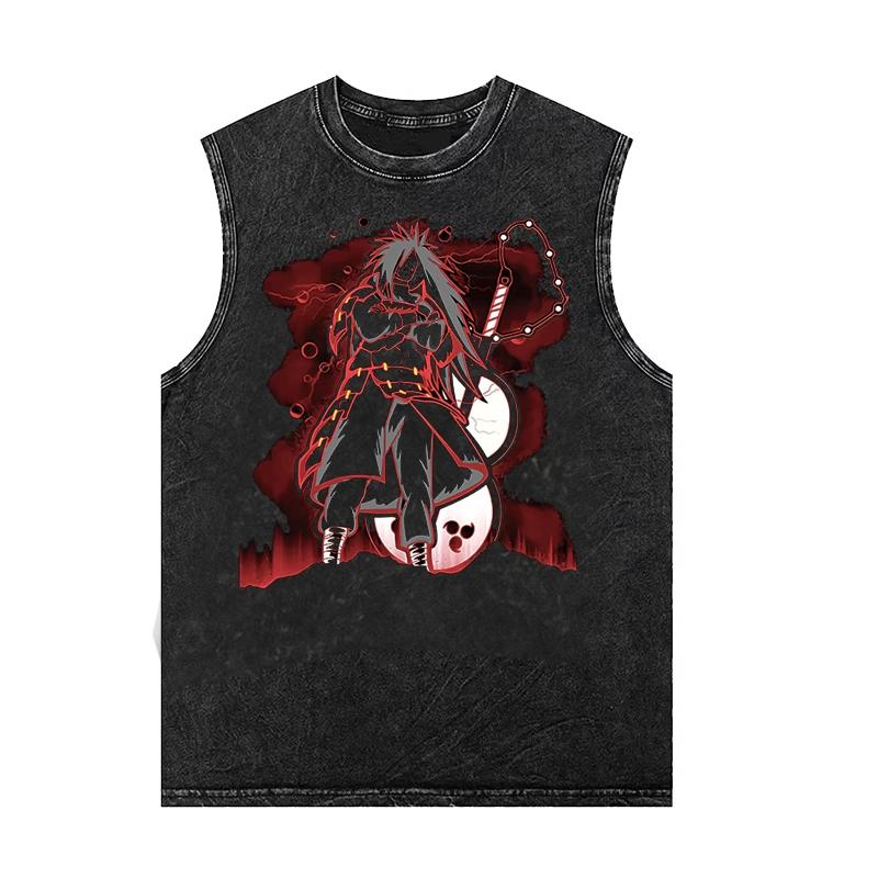 Anime Print Vintage Washed Short-Sleeved Vest Trendy Loose Round-neck Men Women Sleeveless T-shirt  Unisex Tank Top