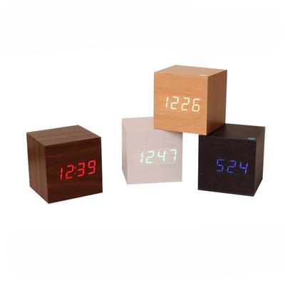 Dřevěné hodiny Kreativní elektronické hodiny Čtvercové digitální hodiny Mini malý budík Teploměr Noční hodiny