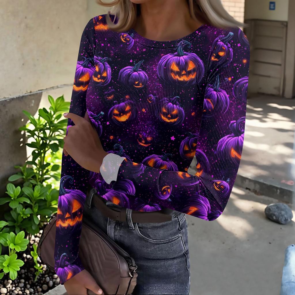 Women's Casual Long Sleeve Ribbed Knit Top Halloween Pumpkin Print Crew Neck Slim Fit Shirt for Fall Seasonal Wear