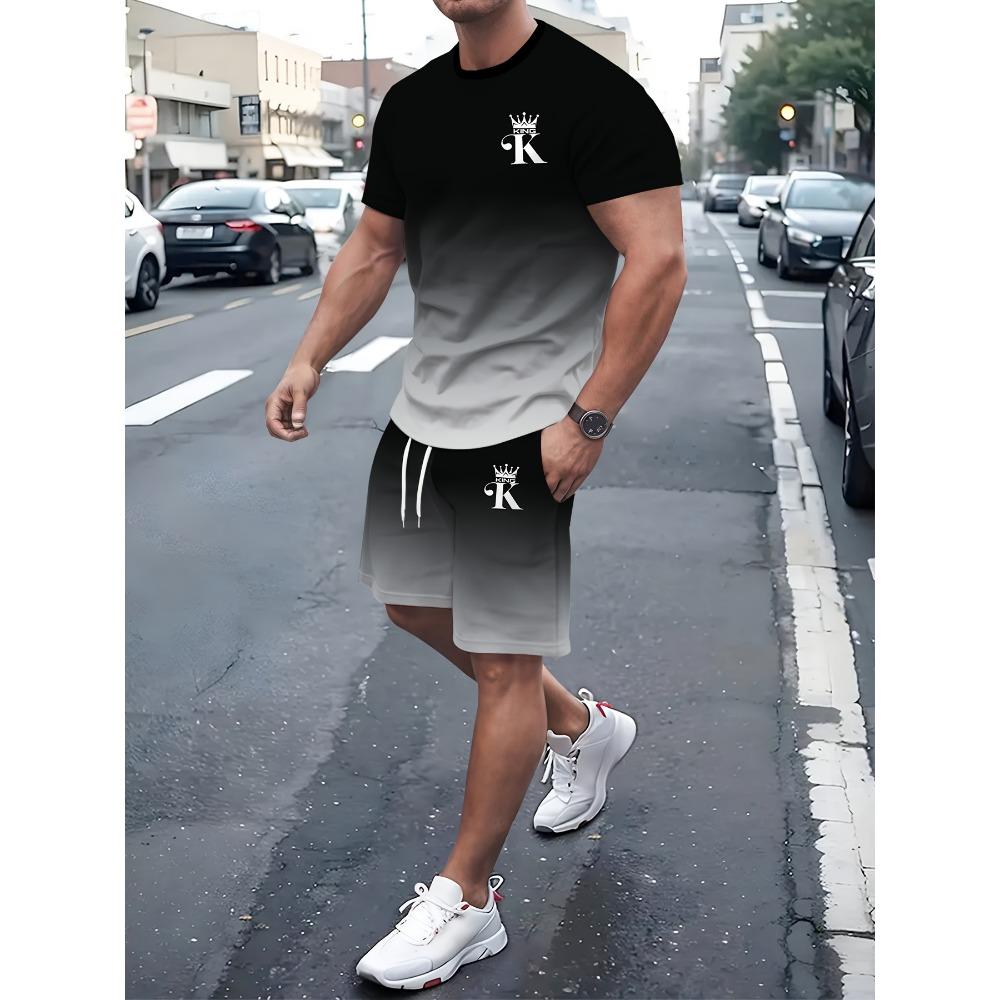 Gradient splicing letter pattern full body digital printing men's set