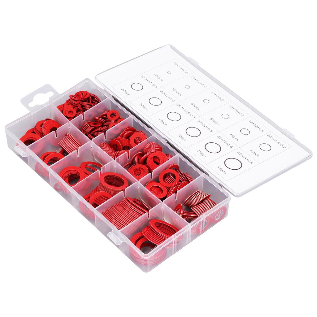 600 ks plochých podložek, sortiment izolačních, legovaných ocelových, papírových, vláknitých, těsnicích těsnění, různých velikostí