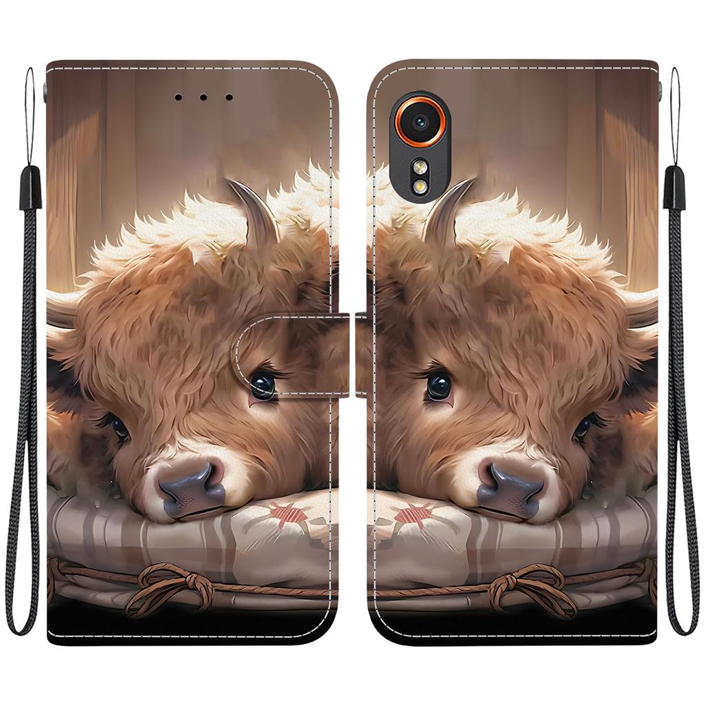 Handmade PU Leather Flip Case for Samsung Galaxy XCover7 (SM-G556B/G556BU1)- Anti-Slip Shockproof Cover with Wrist Strap & Heart/Rose Cat Designs