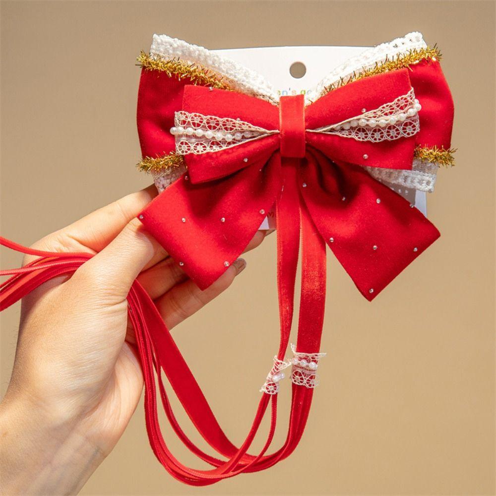 Tassel Red Bow Hair Clip Lion Embroidered Bow Headwear Children's Chinese Hairpin Decoration