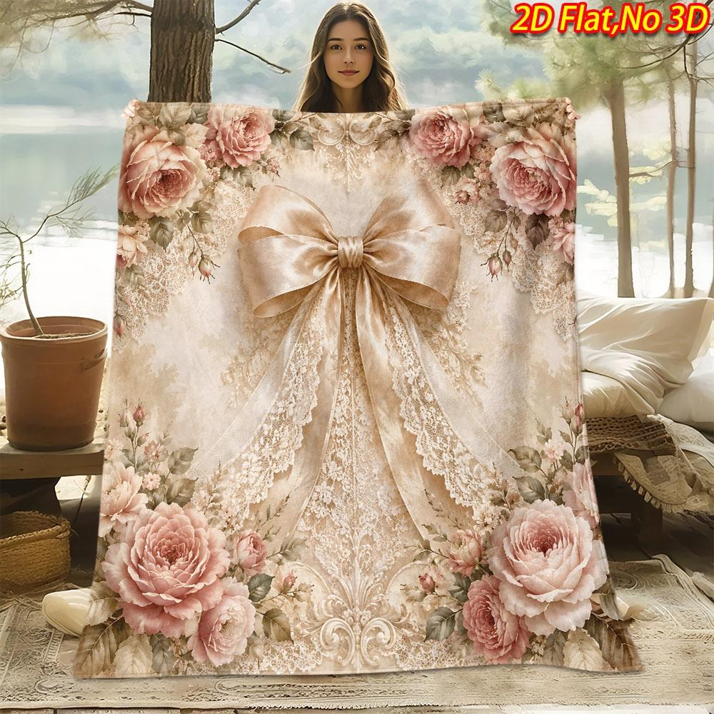 1pc 1pcs 1pc Suitable for All Seasons Soft Flannel Blanket with Romantic Floral Lace Bow Print - Bow-Themed Bedspread, Machine Washable Throw for Couc