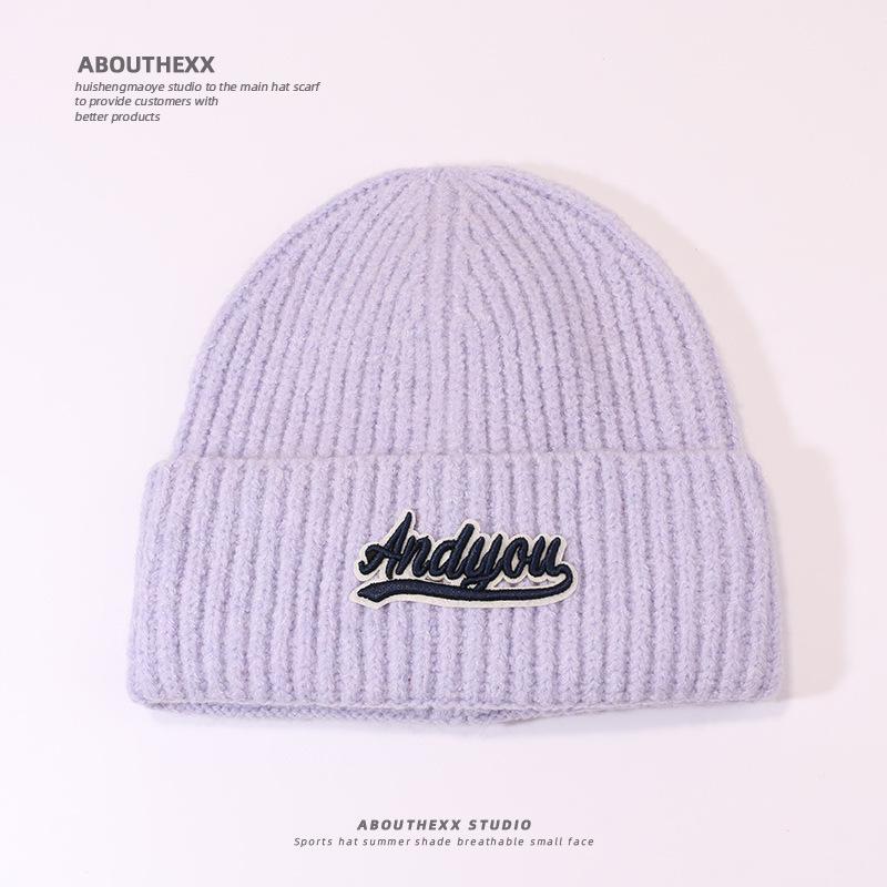 Autumn and Winter Wool Hat for Women's Letters Versatile Knitted Hat Korean Style Fashion Ear Protection Warm Hat Outdoor Student Pullover Hat