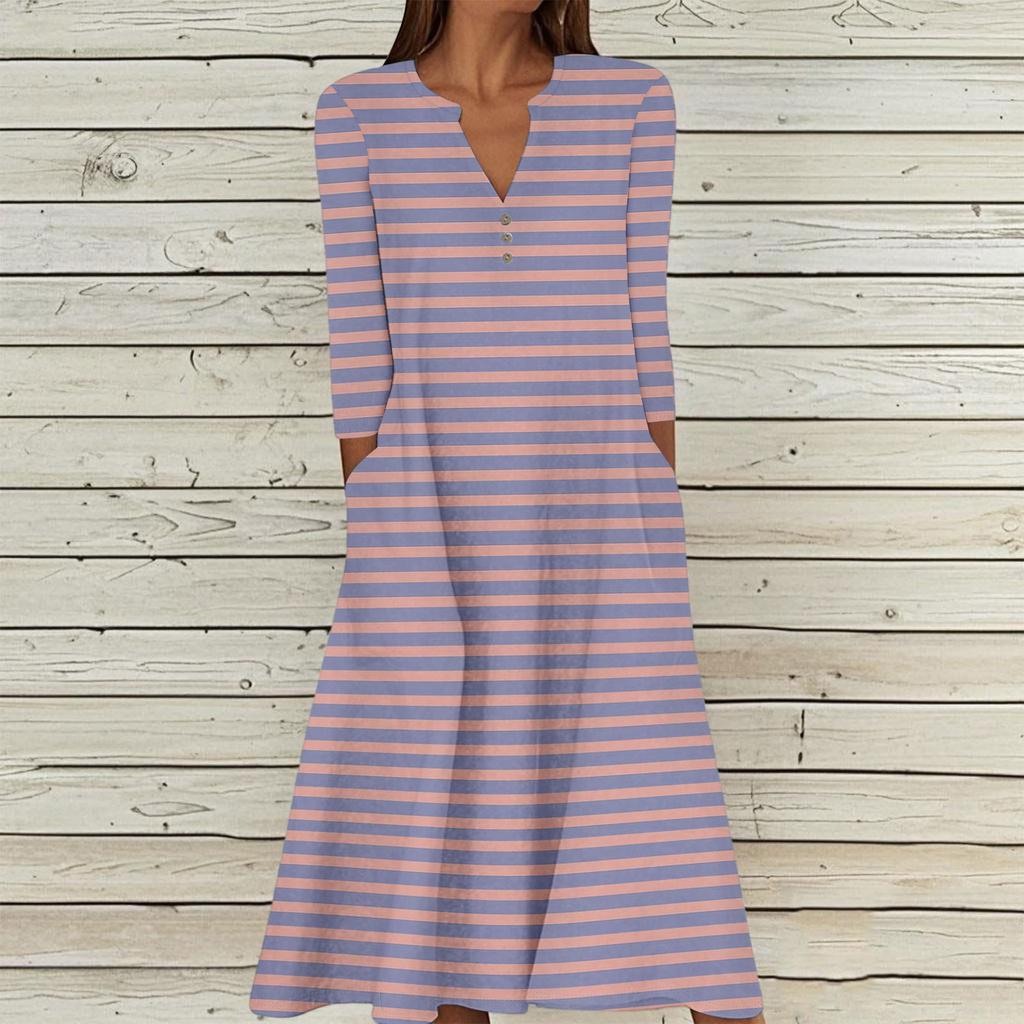 Women's Summer Casual V-Neck Button Stripe Printed Three-quarter Sleeve Long Dress With Pockets