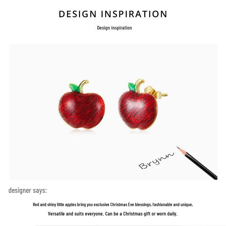 Yinziyun Christmas Apple Red Drip Oil Stud Earrings, Women’s European/American Holiday, S925 Silver.