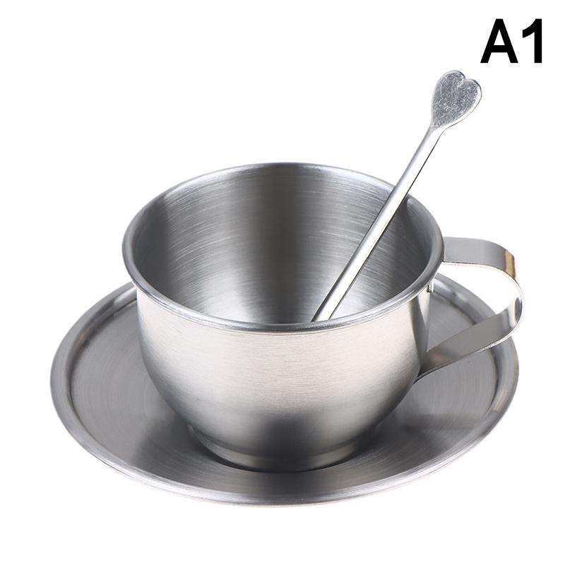 1Set Stainless Steel Coffee Mug With Spoon Saucer Placemat Heat Resistant Milk Cup Tea Mug Cup