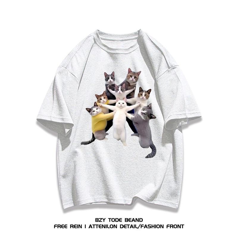 Korean Style Cat Print Cotton T-shirt - Trendy Loose Fit, Unisex Summer Casual