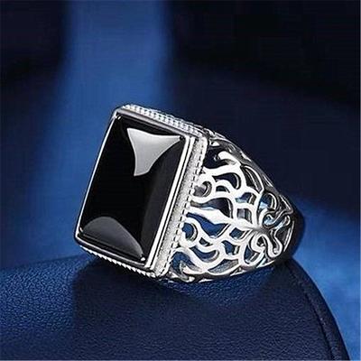 Tree Of Life Hollow Square Black Zircon Agate Men 'S Ring Open Retro Obsidian Chalcedony Men 'S Ring Ring