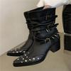 Sexy Pointed Toe Black Soft Leather Ankle Boots Women Metal Rivets Belt Buckle Design Botines Thick Low Heels Shoes Botas Mujer