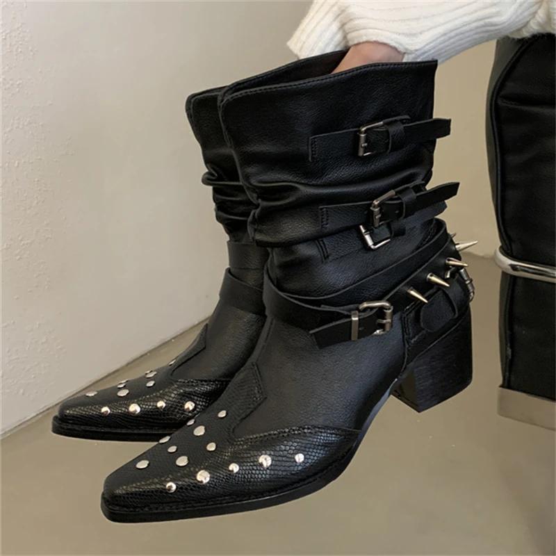 Pointed Toe Rivets Design Ankle Boots Women Fashion Punk Style Belt Buckle Chunky Heels Knight Short Boots Ladies Designer Pumps