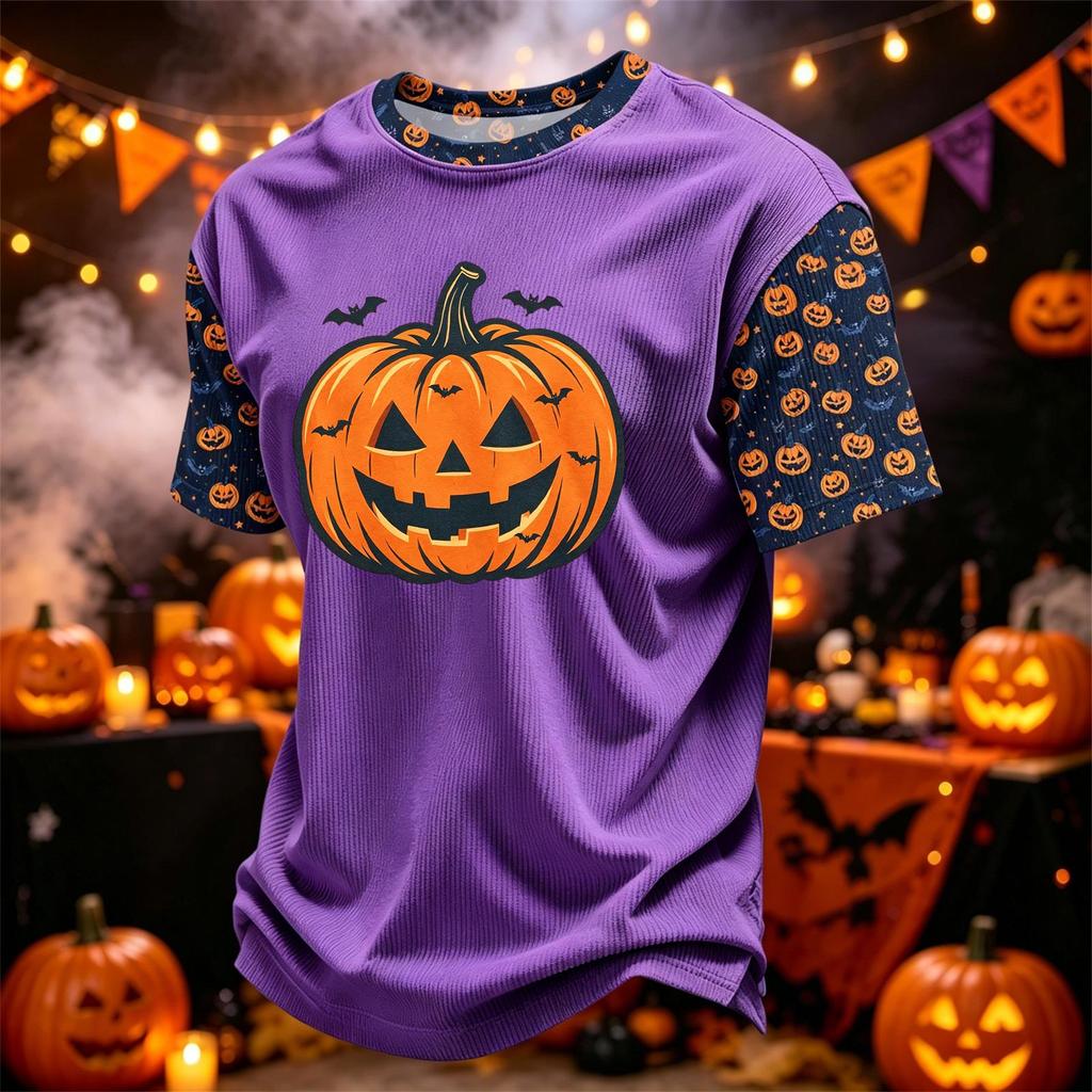 Herren Freizeit Corduroy Kurzarm Rundhals Leicht Atmungsaktiv T-Shirt mit Halloween Kürbis Print Design Bequeme Passform