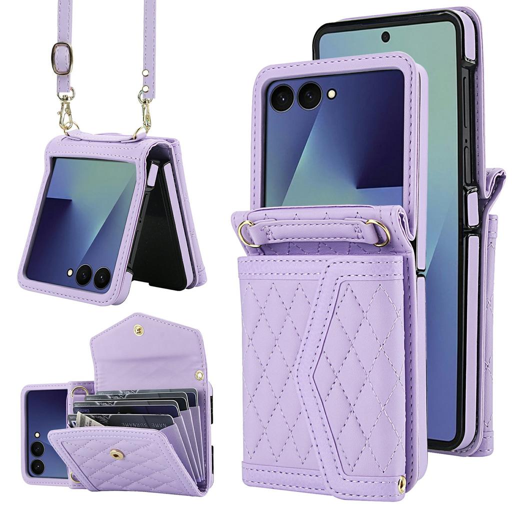 For Samsung Galaxy Z Flip7 5G Case Card Holders RFID Blocking PU Leather Phone Back Cover with Shoulder Strap