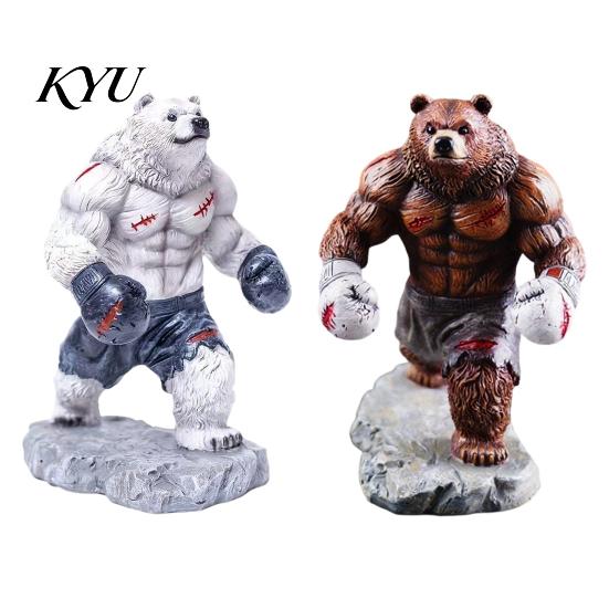 Bear Desktop Ornament Resin Boxing Figurine, Muscle Statue for Desk Decor, Shape Figurine Brown White Sculpture Office and Home Display Fitness