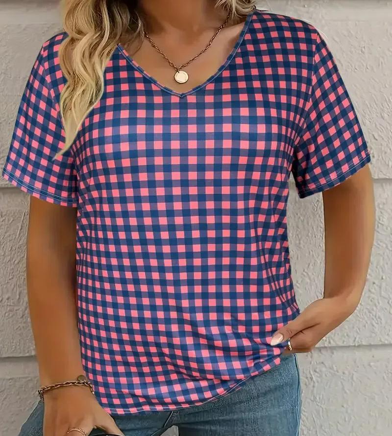 S-8XL Plus Size Women's T-shirt Plaid Pattern Print Summer Casual Short Sleeve Tops Tees Outdoor Fashion Loose Oversize Clothing