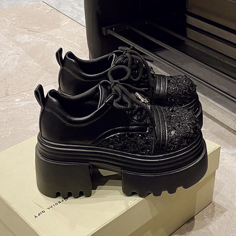 Fashion 9.5CM Spring Women Bling High Heels New 2025 Platform Casual Walking Shoes Non-slip Wedges Leather Chunky Sneakers Lace-up Pumps