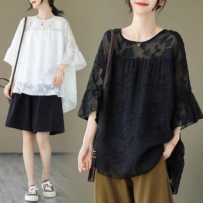 Elegant Plus Size Short Sleeve Mesh Tops Women's Summer Loose Thin T-shirts