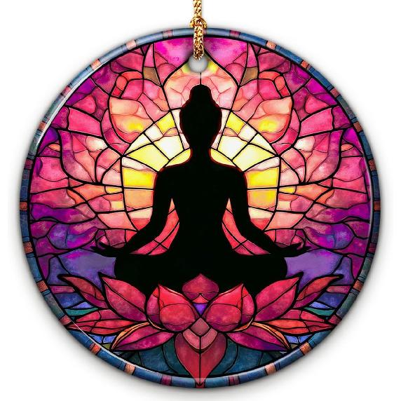 Yoga Stained Glass Ornaments - Meditation Ornament, Peaceful Spiritual Decoration - Lotus Flower Yoga Decor, Healthy Life pired, Xmas Gift for Yoga