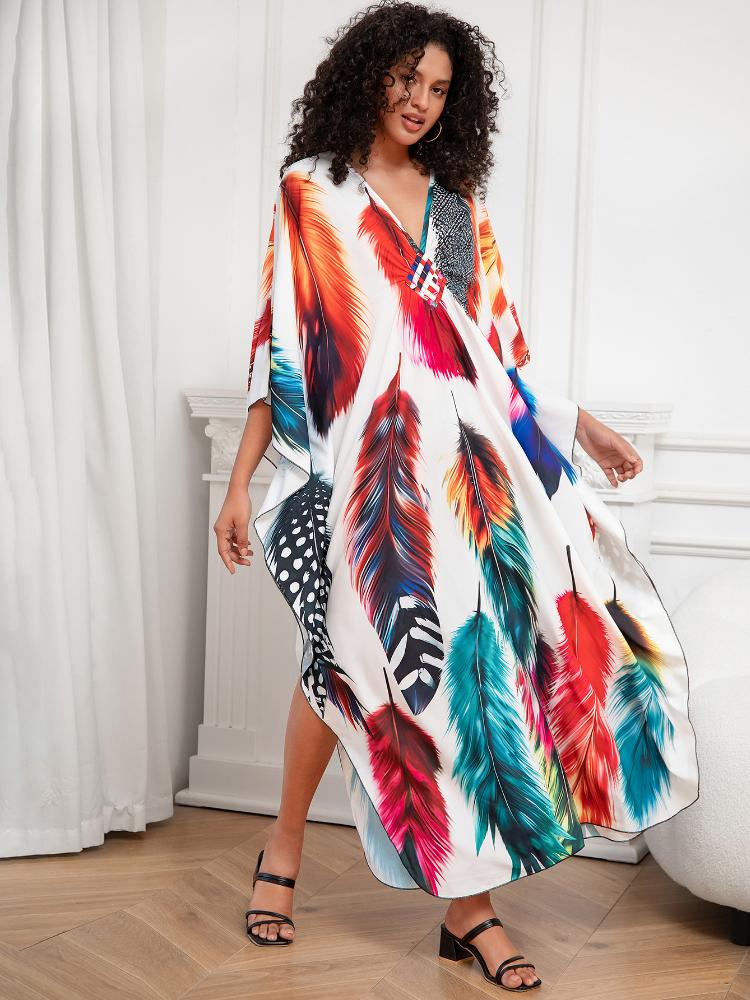 EDOLYNSA Plus Size Kaftan Bohemian Multicolored Leaves Printed Summer Long Beach Dress Women Homewear Outfit Swim Suit Cover Up Loose Caftan
