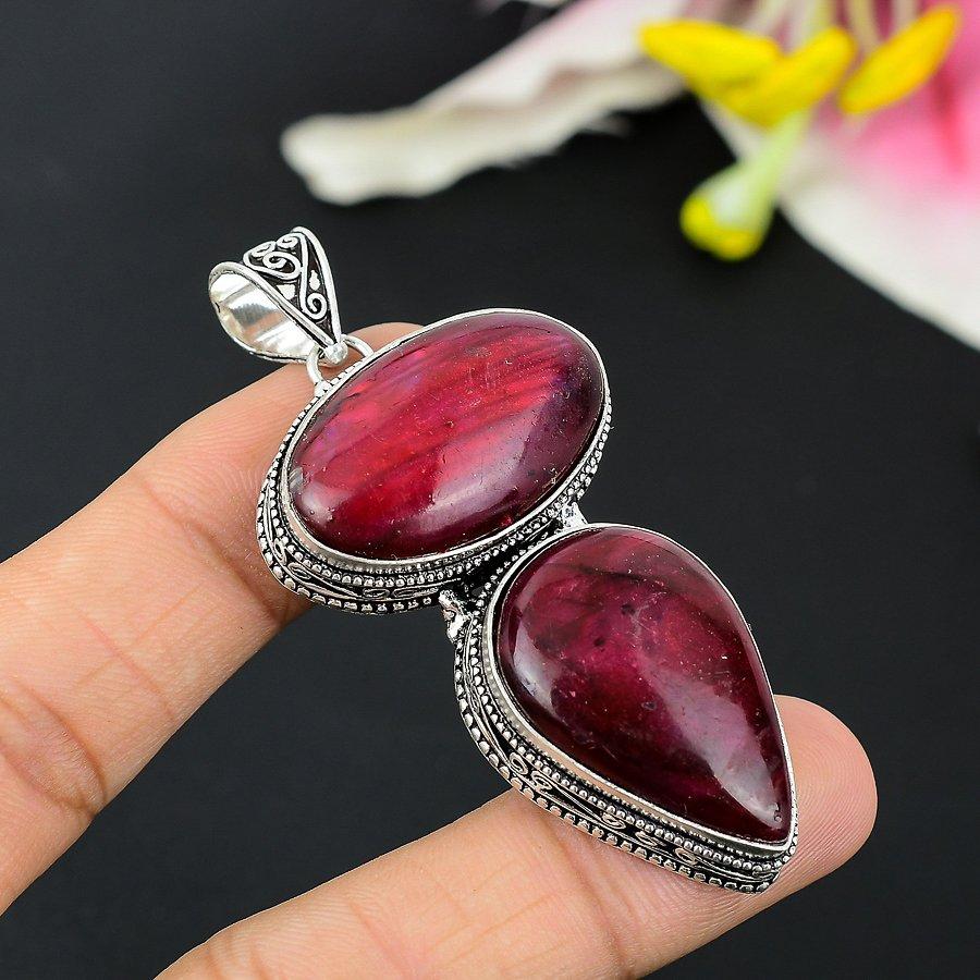 Red Labradorite Gemstone Handmade 925 Sterling Silver Jewelry Pendant 2.76" KG-156