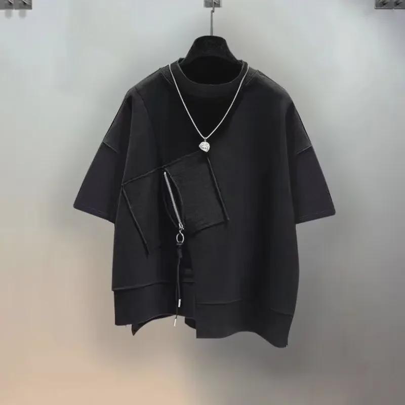 Unisex Dark Bat Sleeve T-Shirt with Irregular Hem and Short Sleeves