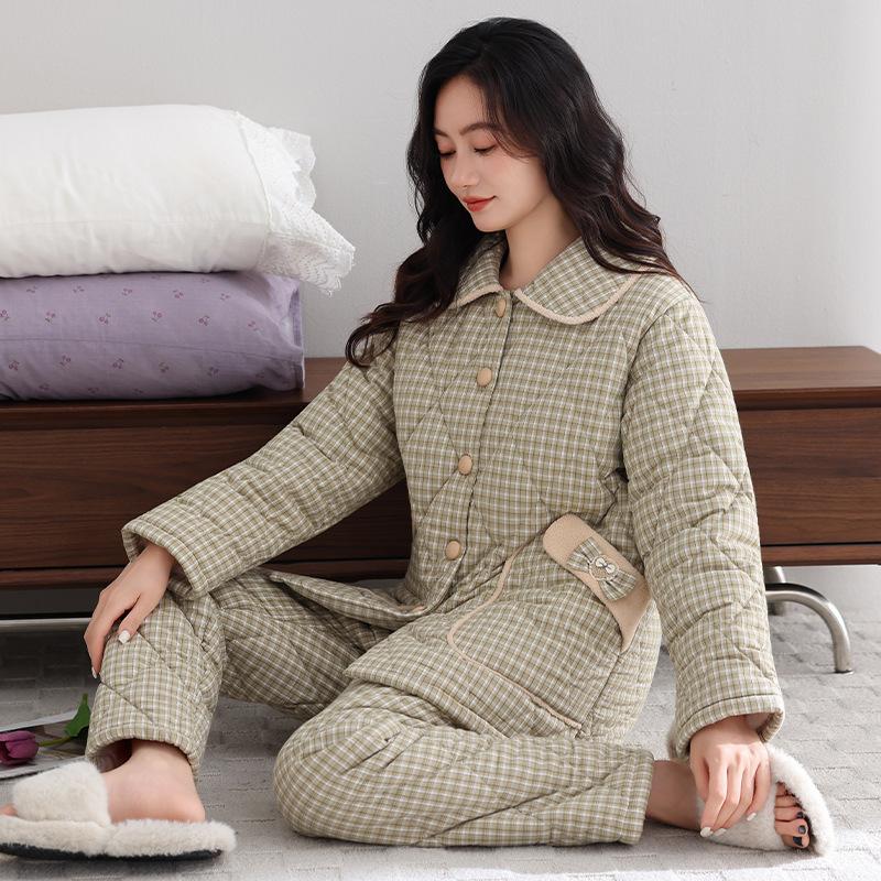 Winter Pajamas Women's New Woven Plaid Clip Padded Jacket Three-layer Warm Suit Velvet Thickened Outer Wear Loungewear