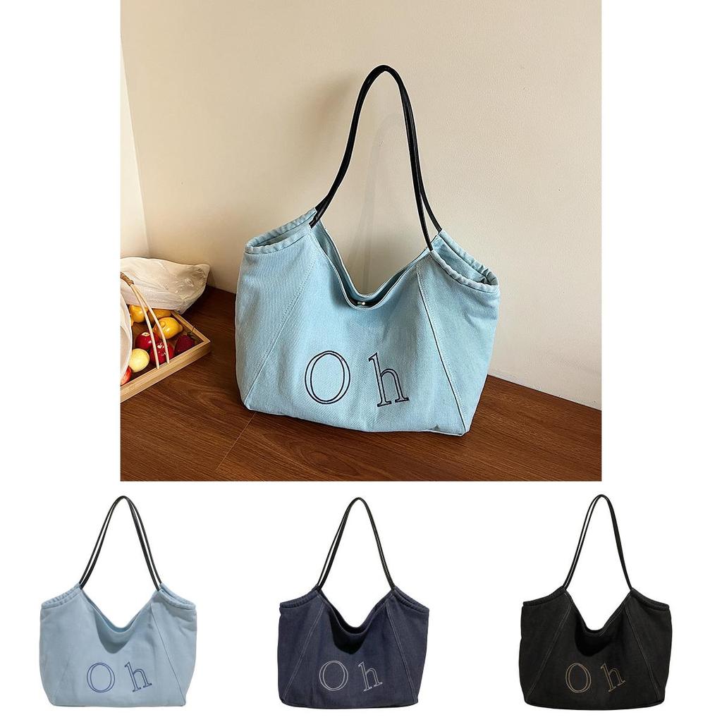 Style Large Capacity Denim Bag For Casual Daily With Embroidery And Magnetic Closure