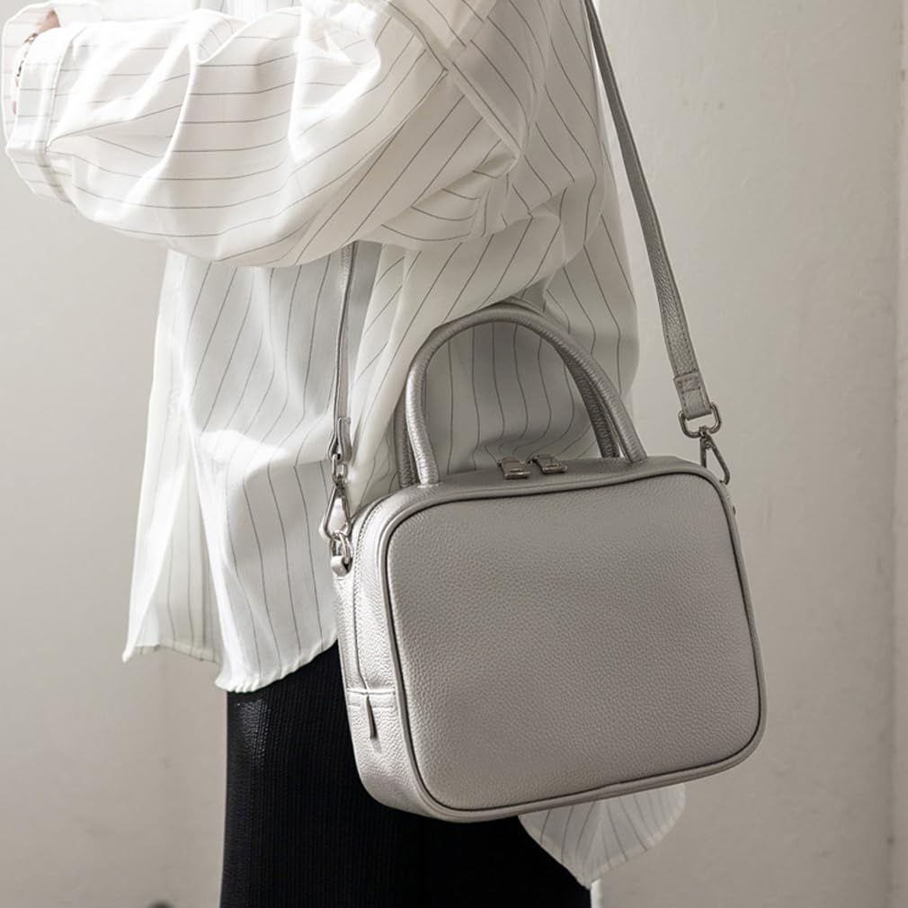 Gratante Genuine Cowhide Leather 2-Way Cube Bag, Handbag, Women's Commuter Bag (Silver)
