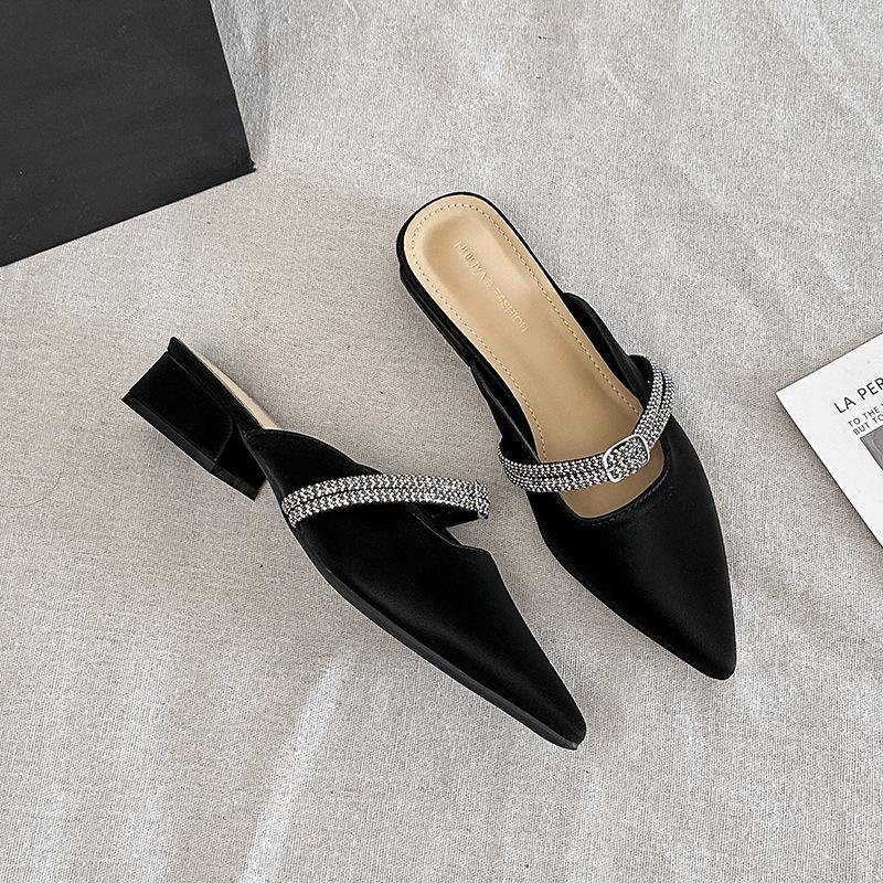 Y097-5 Sandals Women's Summer 2025 New Pointed Heel Thick Heel Baotou Lazy Half Slippers Fashion Outer Wear Fairy Gentle