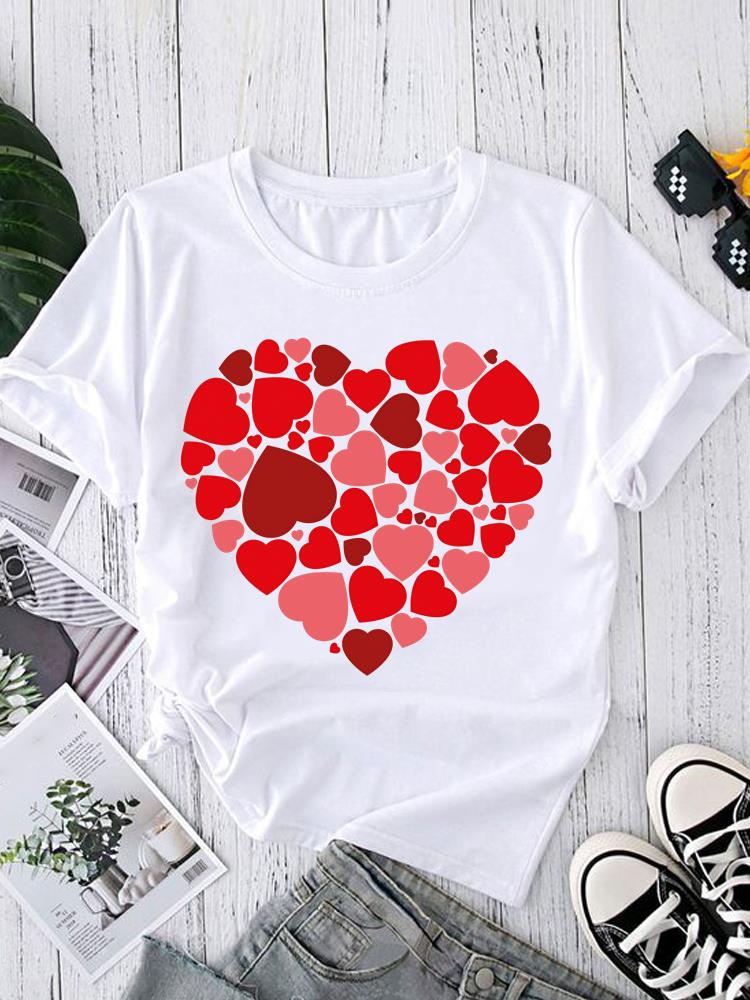 (Asian Size) love heart style Short Sleeve T shirt Printed T-shirts O-neck Casual Clothing Fashion Female Women's Top Graphic Tee