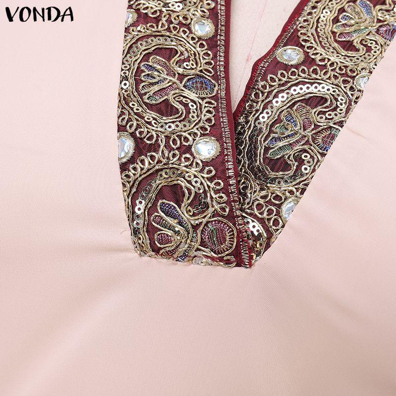 VONDA Elegant Women Half Sleeve Beading Webbing Stitching Casual Long Maxi Dress